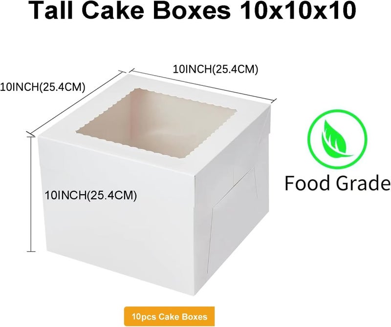 Packpal 10PACK 10x10x10 Cake Boxes with Window For multi-tier Cake, Tall White Cake Boxes for Transporting & Displaying For Wedding, Birthday, Valentines Day Desserts, and Gifts - Image 2
